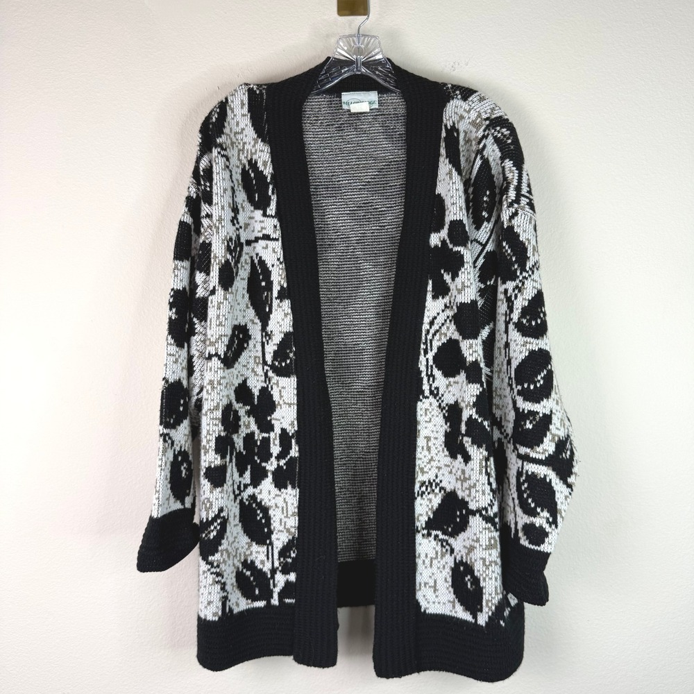 Vintage Willow Ridge Cardigan Womens XL Black White Floral Knit Open Front